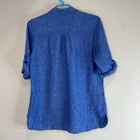 Olsen Linen Tab Sleeve Collared Button Up Ocean Breeze Blue Coastal Size S-M 8 - Picture 10 of 12